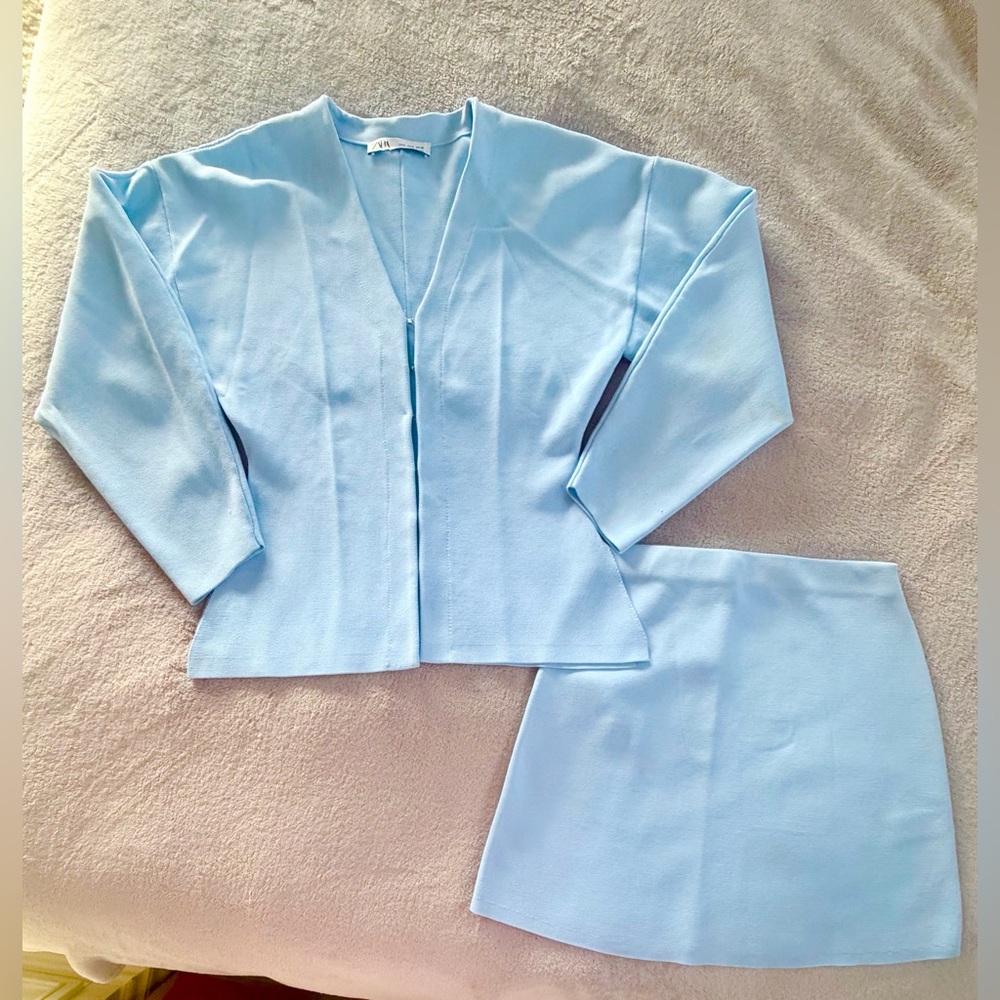 Zara Light Blue Knit Jacket Top and Skirt Set Size S